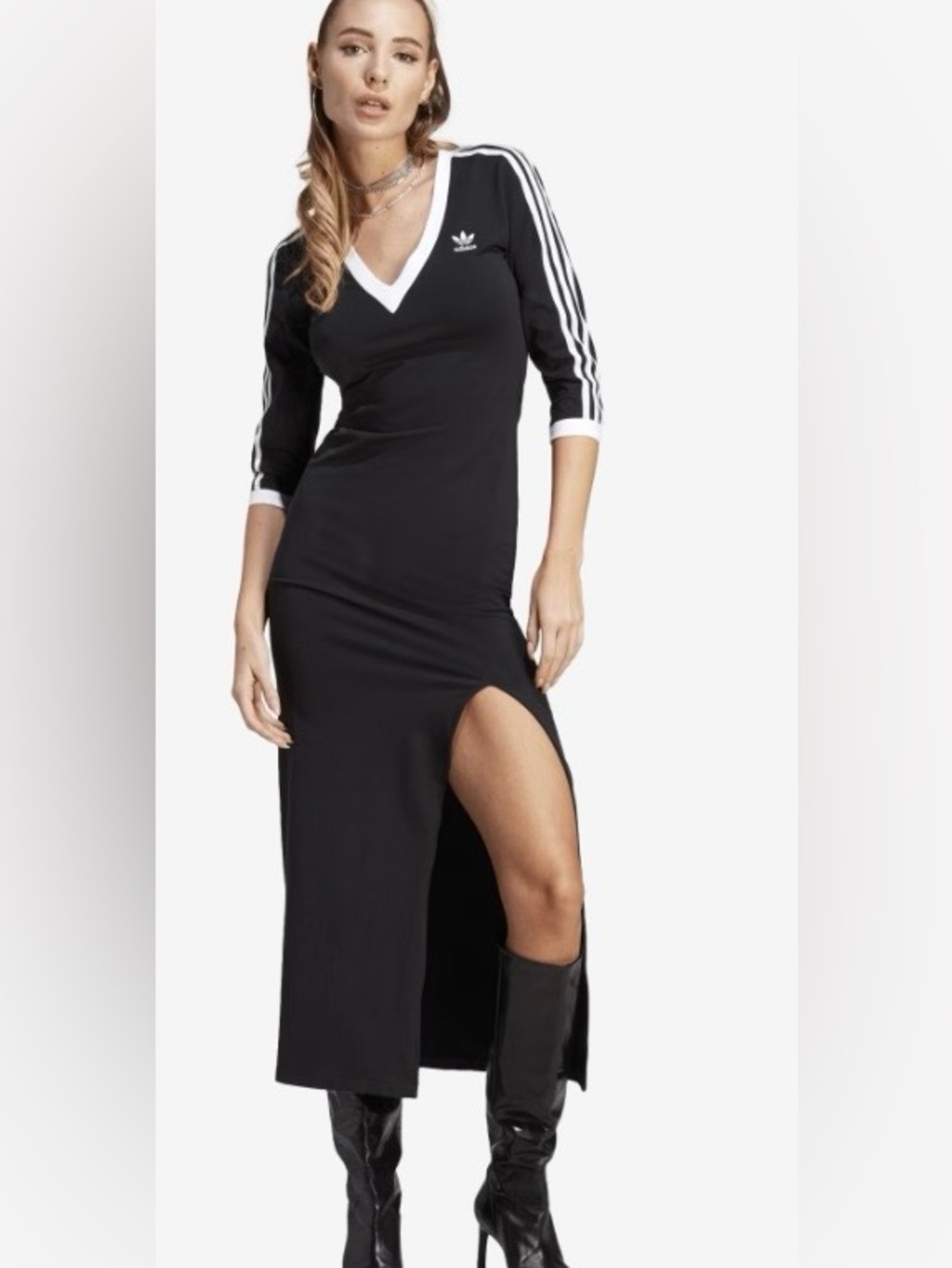 adidas Black V-Neck Long-Sleeve Maxi dress